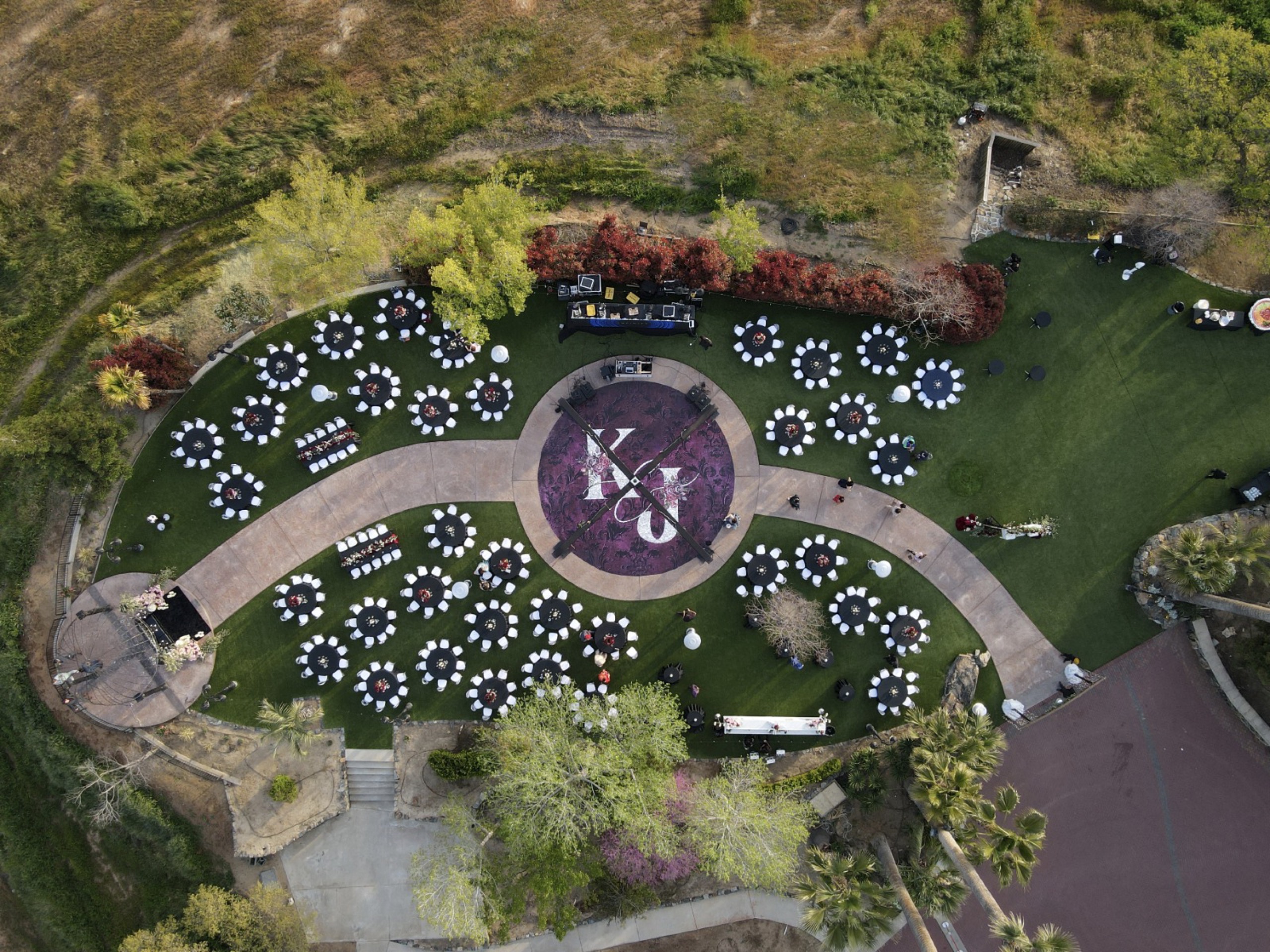 An aerial view of a reception laid out on the estate lawn