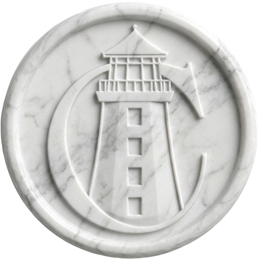 The Clovis Castle crest — a lighthouse within a C, carved in marble