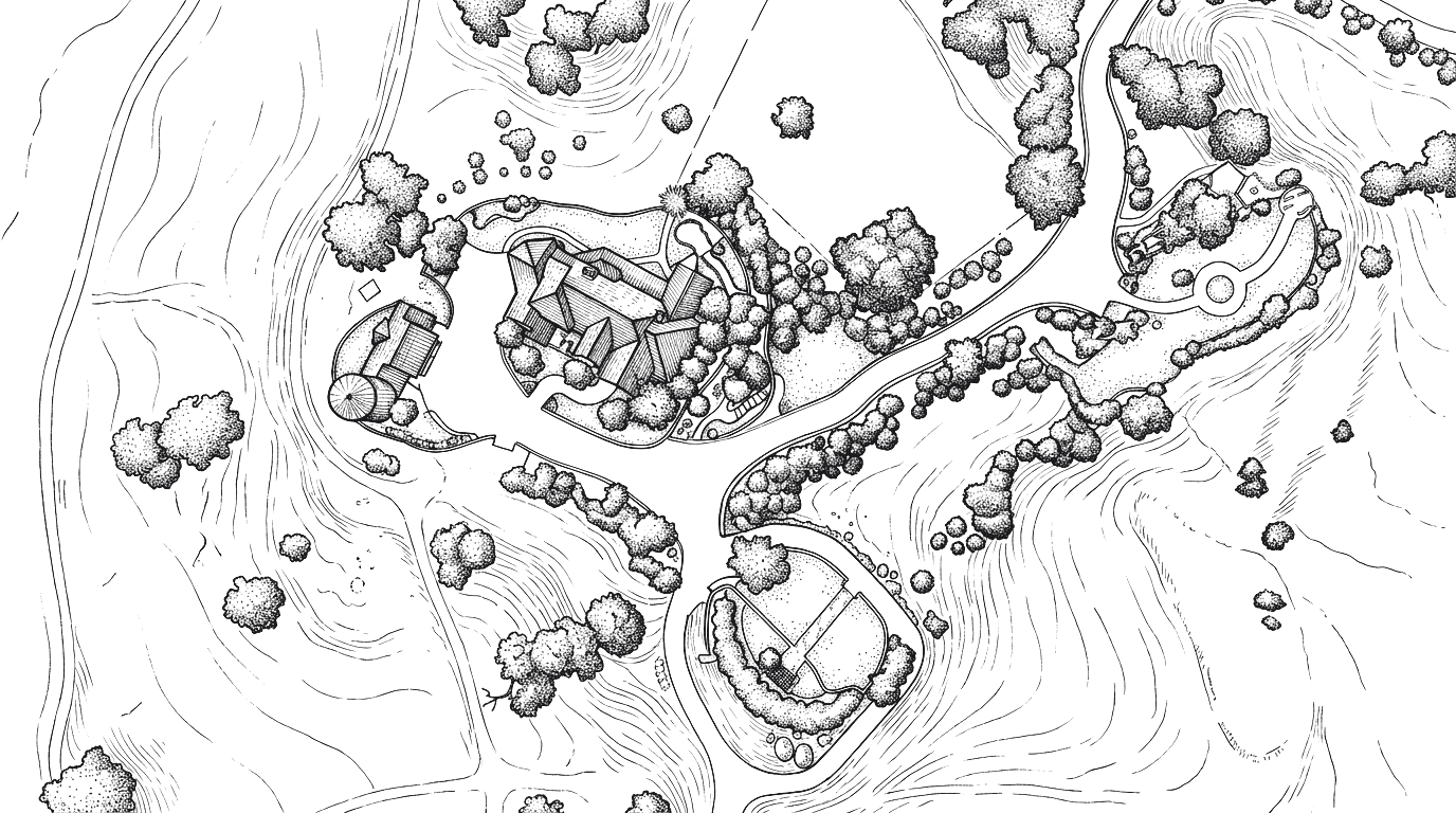 A hand-drawn ink map of The Clovis Castle estate from above — the residence, the winding drives, the gardens and lawns among the foothills