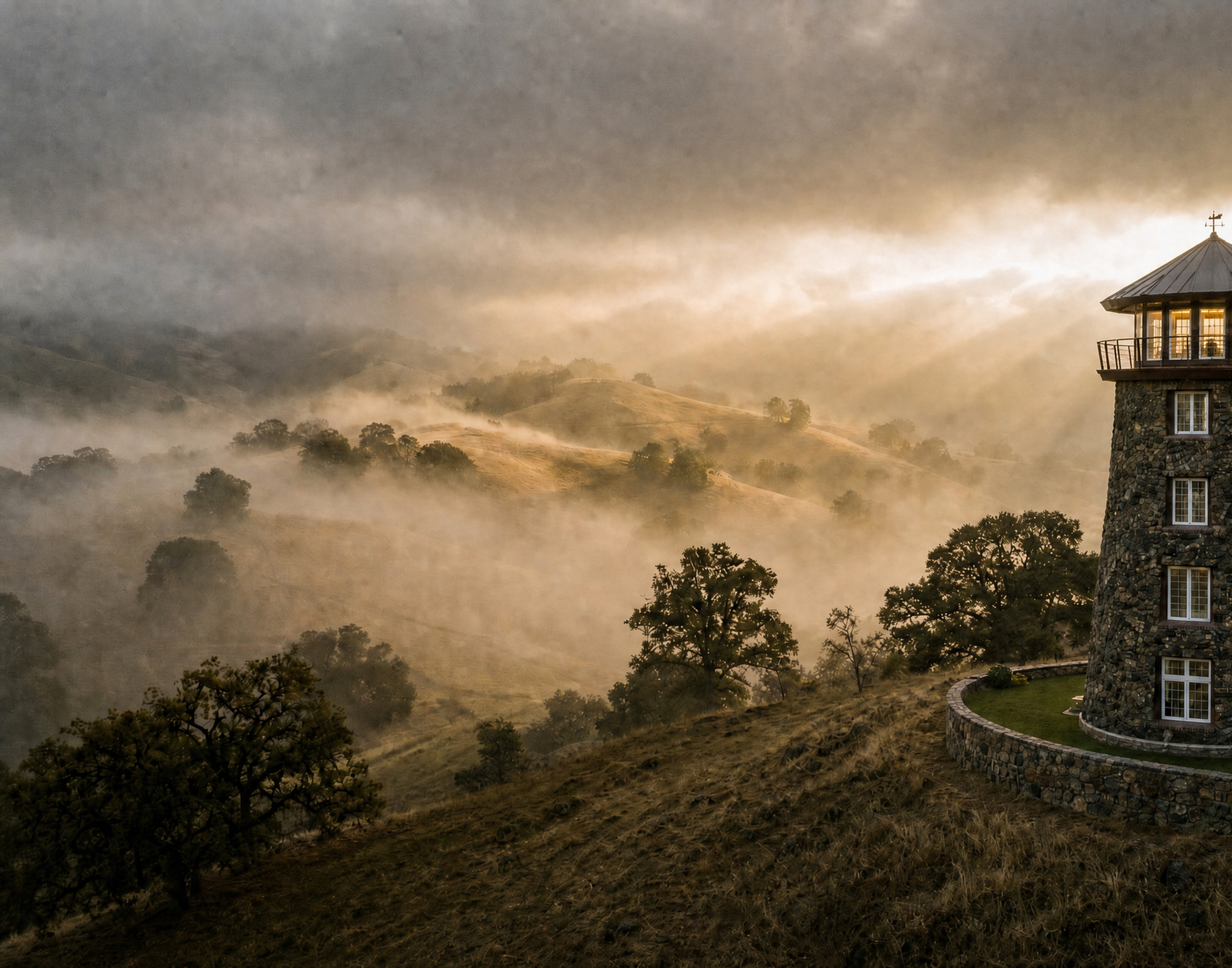 The Clovis Castle's granite lighthouse tower standing over the misty Sierra foothills at dawn — a lighthouse with no sea