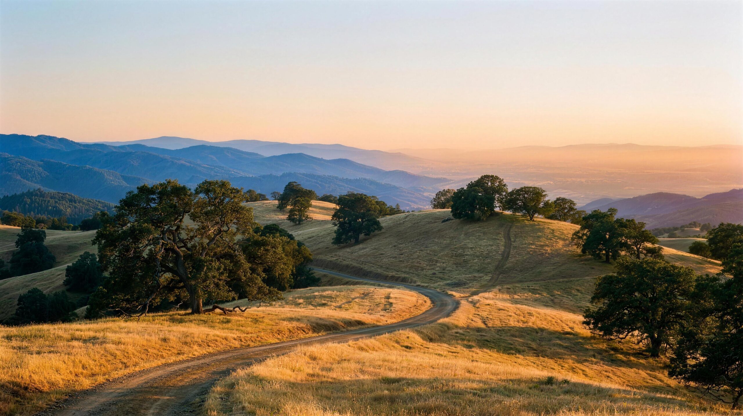 The Sierra Nevada foothills above California's Central Valley at golden hour, near The Clovis Castle